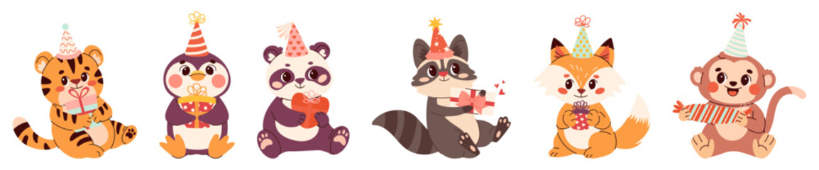 Cute animal birthday vector stickers set. Cartoon raccoon, panda, tiger, penguin, fox and monkey with party hats, gifts, balloons and confetti. Fun and colorful celebration clipart for kids, cards