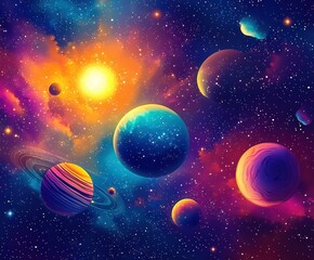  Colorful planets with varied patterns orbit glowing sun, stardust bursts and jewel-toned lights in cosmic backdrop create vibrant animated space scene.