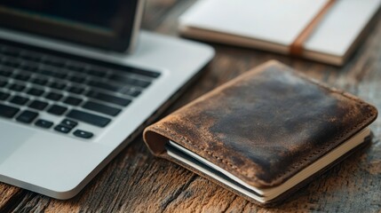 Rustic Leather Notebook and Laptop on Wooden Desk