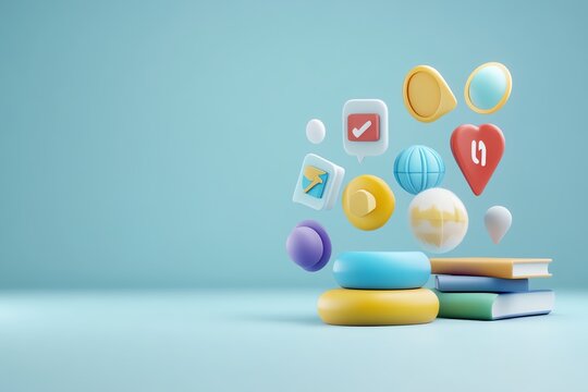 Floating badges for skill acquisition through elearning, linked to job titles, 3D illustration