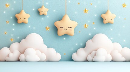 Whimsical Dreamscape: Soft, smiling stars and fluffy clouds against a serene blue backdrop, evoking a sense of tranquility and childlike wonder.