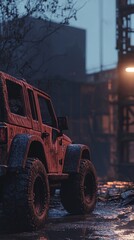 Twilight scene Offroad vehicle near abandoned industrial site