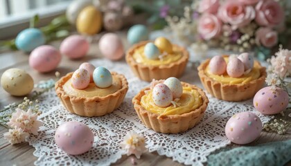 Easter Egg Tarts with Pastel Eggs and Flowers on Rustic Wood