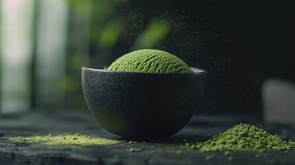 Matcha gelato served in a black ceramic cup with matcha powder sprinkled nearby