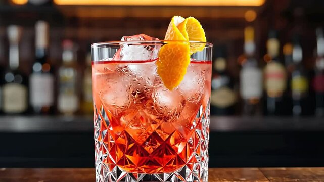 Crystal glass of red cocktail with ice cubes and orange peel garnish on a wooden bar with blurred liquor bottles in the background