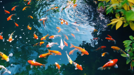 In a tranquil pond, numerous vibrant koi fish swim gracefully among the ripples. Sunlight filters through the trees, creating a peaceful atmosphere filled with the colors of nature
