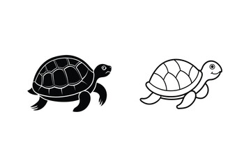 Turtle Illustration Set Black Silhouette And Outline Style Sea Animal