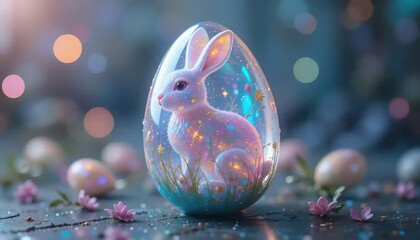 Easter Bunny Inside Egg with Sparkles and Surrounding Flower Petals