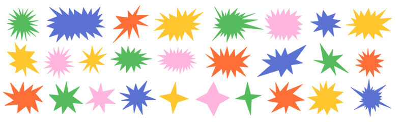 Set of cute and colorful starburst shapes. Cute collection of stars and sparkle doodle.
