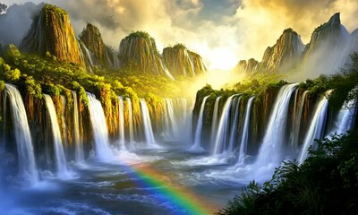 Serene landscape featuring a majestic waterfall cascading into a vibrant river, with a rainbow arcing across the water, bathed in golden sunlight.