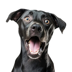 Black Labrador Retriever dog with open mouth surprised expression isolated on white background funny pet animal portrait canine humor playful puppy cheerful adorable wide eyed excited happy joy