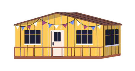 House, wooden cabin in countryside. Cozy wood cottage, summer hut, country home with festive bunting flag decoration. Bungalow, chalet building. Flat vector illustration isolated on white background
