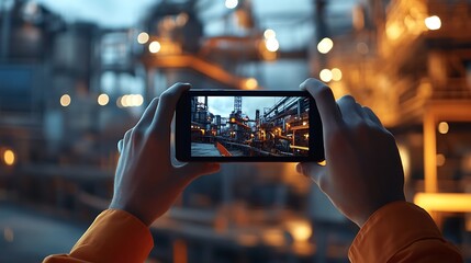 A person taking a photo of a nighttime industrial complex with a smartphone.