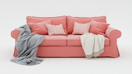 Cozy coral sofa with decorative pillows and throws in a bright studio setting creating a warm and inviting atmosphere perfect for relaxation and home decor