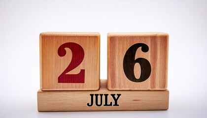 Minimalist photo of wooden blocks with date 26 July. Day and month, calendar on white background