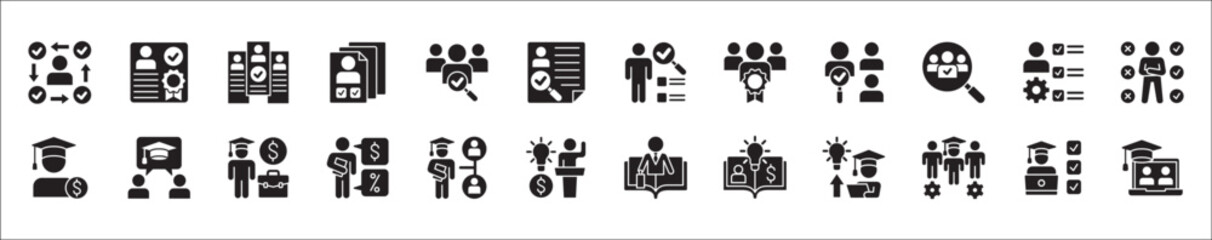 Business education icon set. Business employee coaching icons. Contains symbol of management, training, mentoring, expert, qualification, qualified worker, learning, selection. Vector illustration