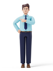 A man points to the side, symbolizing guidance or attention. 3D rendering, conceptual image. Isolated on white background.