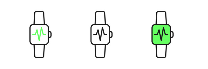 Set line Smart watch showing heart beat rate icon isolated on white background. Fitness App concept. Vector