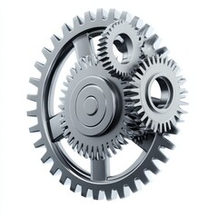 Three metal gears are connected on a white background