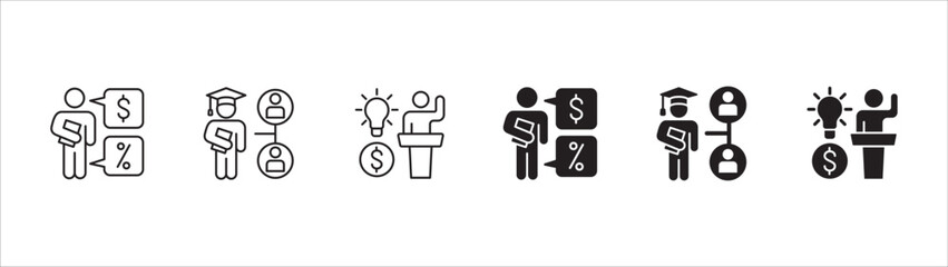 Business education icon set. Employee coaching icons. Contains symbol of bachelor, training, mentoring, qualification, learning, study cost, professional, educated worker. Vector illustration