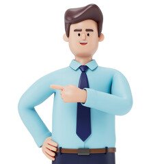 A man points to the side, symbolizing guidance or attention. 3D rendering, conceptual image. Isolated on white background.