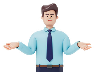 A man with arms spread, symbolizing openness or confusion. 3D rendering, conceptual image. Isolated on white background.