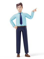 A man points to the side, symbolizing guidance or attention. 3D rendering, conceptual image. Isolated on white background.