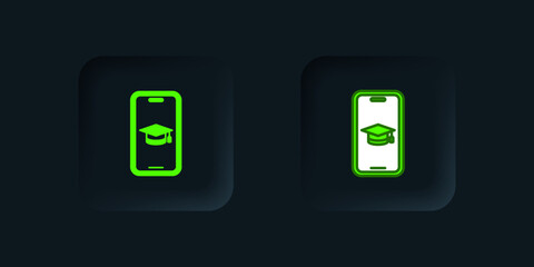 Green Graduation cap on screen smartphone icon isolated on black background. Online learning or e-learning concept. Black square button. Vector