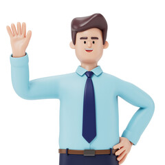 A man in business attire waving, symbolizing greeting or presentation. 3D rendering, conceptual image. Isolated on white background.