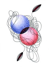 Two spheres are depicted - one bluish-violet, the other pink-red. They are located close to each other, partially overlapping and connected by a dark, almost black segment with violet and pink dots.