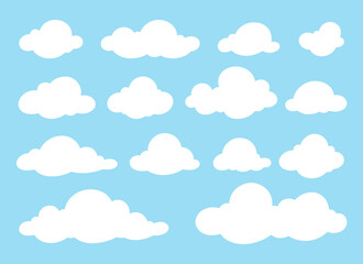 A set of different cartoon white clouds isolated on a sky blue background, flat design vector illustration. A simple empty element for decoration, design, and cover with space for text. Cumulus clouds