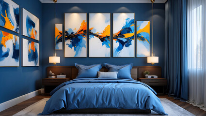 Chic modern bedroom featuring blue bedding and abstract art