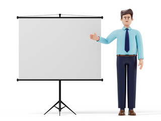 A man gestures towards a blank flip chart, symbolizing preparation for a presentation or lecture. 3D rendering, conceptual image. Isolated on white background.