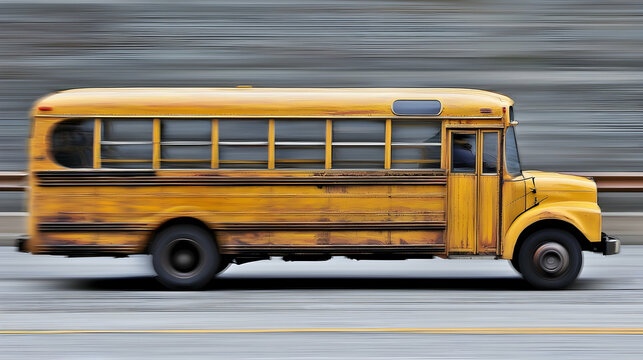 Vintage yellow school bus speeding on highway, urban background, transport, education
