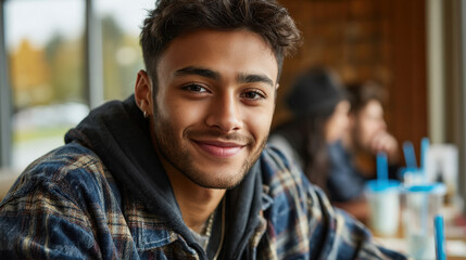 A young man of mixed descent smiles warmly at the camera in a cozy café, with friends visible in the background, creating a relaxed and inviting atmosphere
