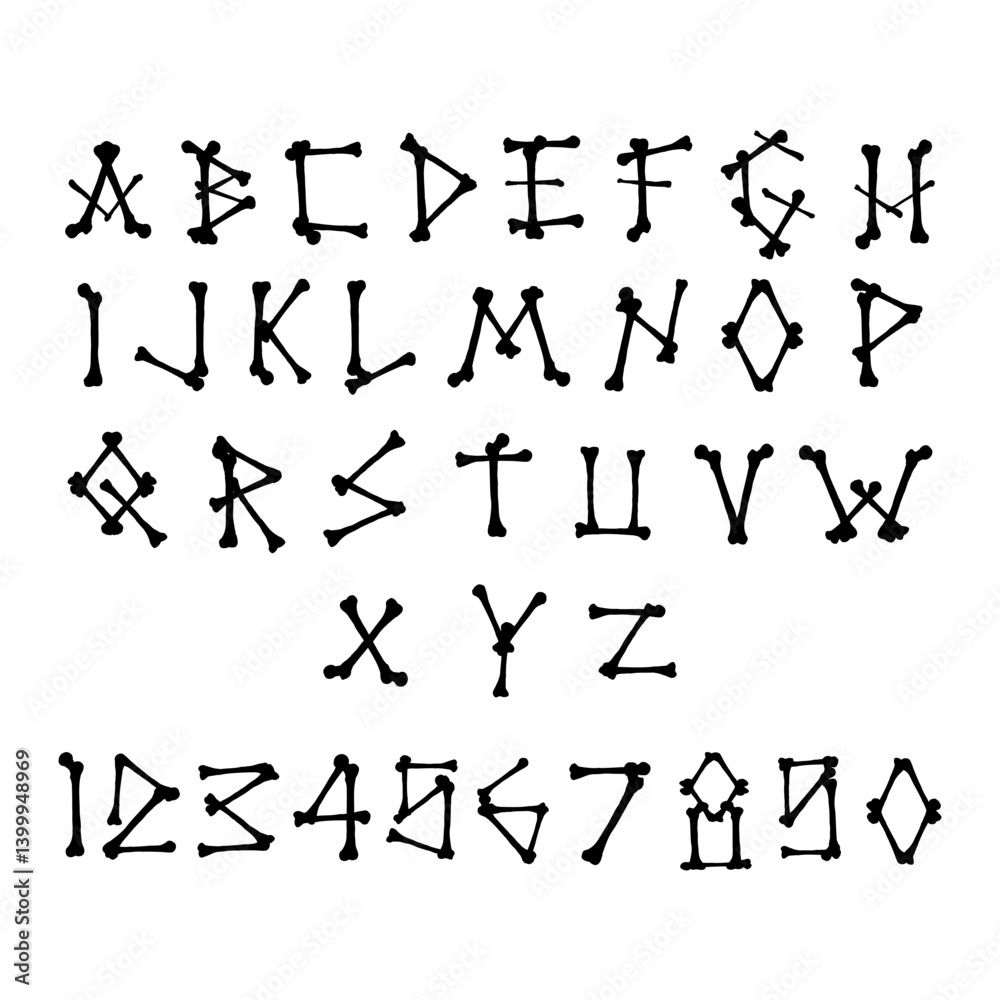 Fototapete bones alphabets and numbers hand drawing vector isolated on background.