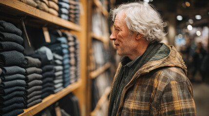 A senior white man with gray hair examines neatly stacked clothing in a store, showcasing curiosity while exploring his shopping options