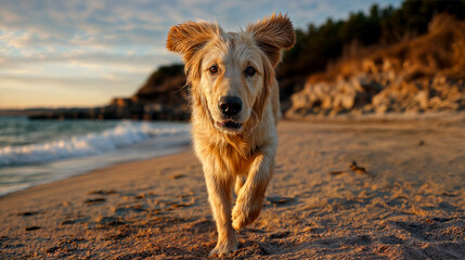 Golden retriever dog walking on beach, pet at sunset by the ocean