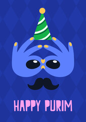Happy Purim card with festive mask, mustache, party hat and funny playful accessories. Jewish traditional poster design, humor quirky comic face for holiday carnival. Flat vector illustration