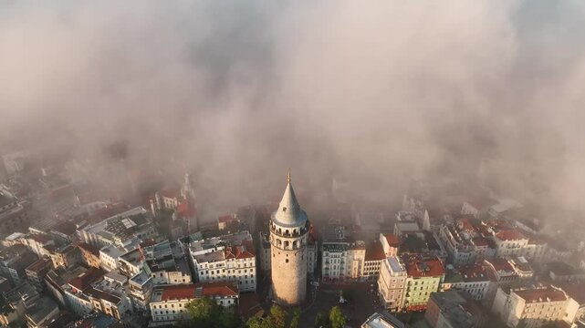 Galata Tower and Galata Street Drone Video, Galata Beyoglu, Istanbul Turkiye (Turkey)	