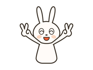満面の笑顔でダブルピースをするかわいいうさぎの上半身イラスト