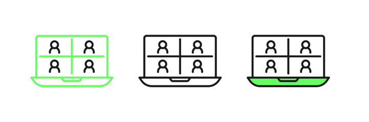 Set line Video chat conference icon isolated on white background. Online meeting work form home. Remote project management. Vector