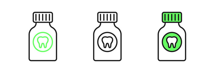 Set line Toothache painkiller tablet icon isolated on white background. Tooth care medicine. Capsule pill and drug. Pharmacy design. Vector