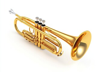 Obraz premium Shiny gold trumpet on a white background. Musical instrument for band, orchestra, and solo performances.