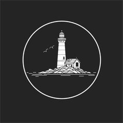 Vintage vector round sticker label. Line art. Massachusetts. Lighthouse. 