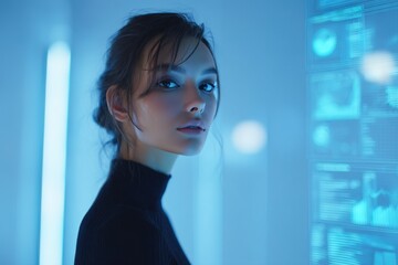 Young woman interacts with futuristic digital display