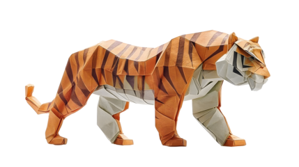 Origami tiger standing on transparent background, exhibiting craftsmanship