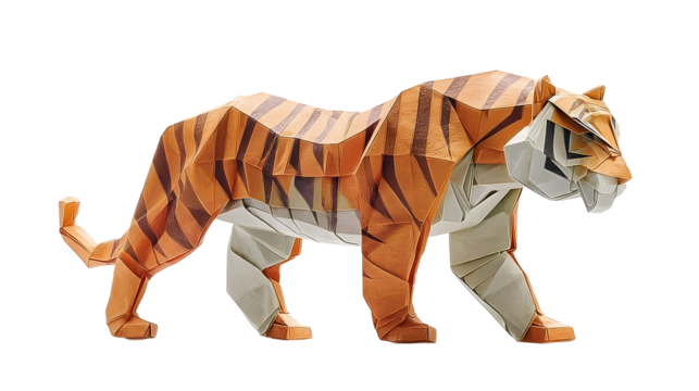 Origami tiger standing on transparent background, exhibiting craftsmanship