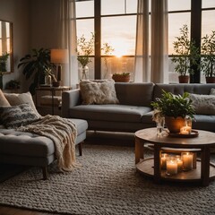 A cozy living room with a soft grey couch, woven rug, coffee table with candles and a plant, large windows letting in golden hour light, warm, modern, and inviting feel
