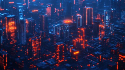 Fototapeta premium A futuristic cityscape illuminated with red and blue architectural lighting